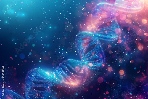 Cosmic DNA helix with glowing particles in pink and blue, abstract biotechnology concept, vibrant and dynamic digital art
