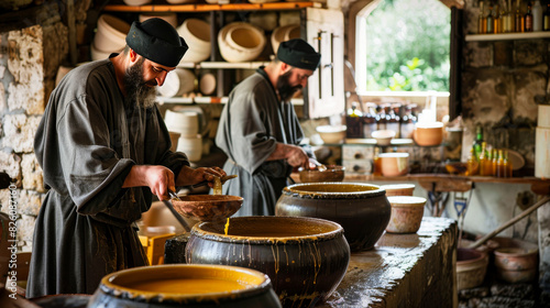 Orthodox monks working in a traditional olive oil workshop