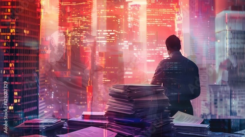 Silhouette of a professional in a futuristic office setting  with a cityscape backdrop filled with neon lights and tall buildings.