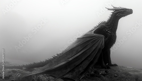 Black dragon perched on a rock in a misty landscape. photo