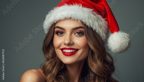 Portrait of a beautiful hair girl wearing a Santa hat