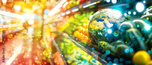 Bountiful fresh produce with a vibrant globe overlay, symbolizing global sustainability and healthy living. photo