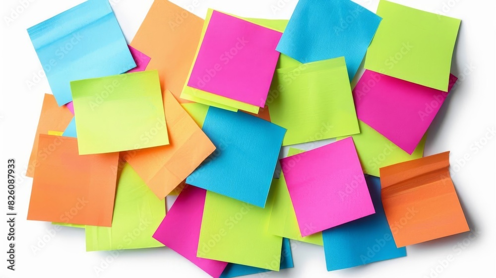 Colorful sticky notes scattered on a white background. Vibrant office supplies for reminders, organization, and creative projects. Colorful sticky notes scattered on a white background. Vibrant office supplies for reminders, organization, and creative projects.