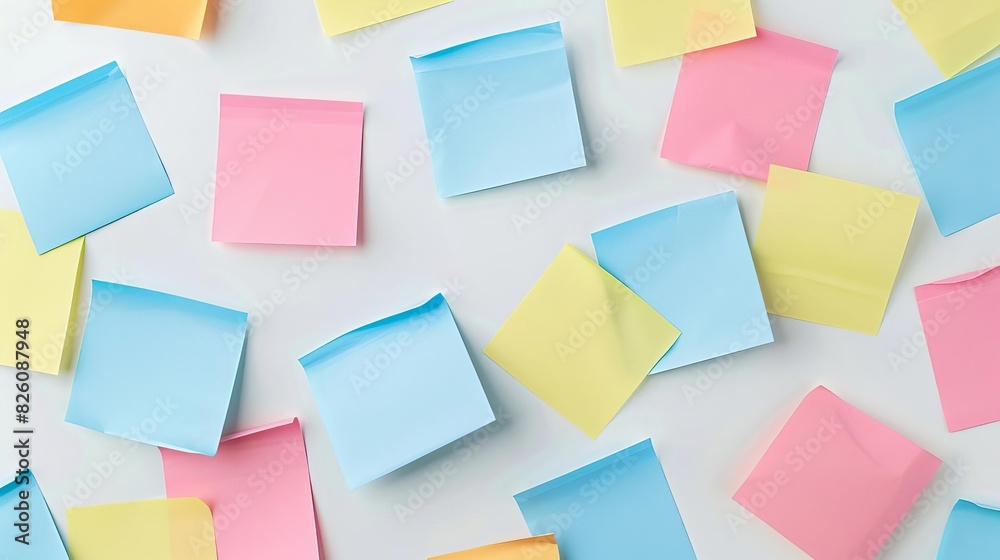 Colorful sticky notes scattered on a white background. Variety of pastel colors creating a fun and organized workspace. Office supplies. Colorful sticky notes scattered on a white background. Variety of pastel colors creating a fun and organized workspace. Office supplies.