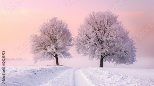 The calm winter scene features two snow-covered trees against a pink sky, with a path winding through the snow © Thirawat