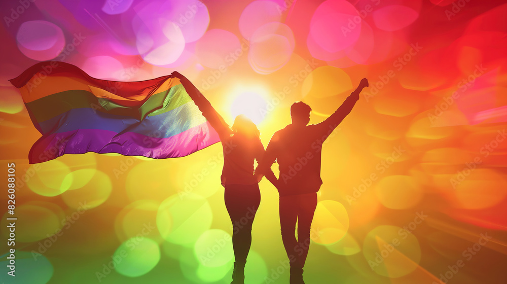 Silhouette of Couple Against a Rainbow Pride Flag and lgbtq community celebration background Silhouette of Couple Against a Rainbow Pride Flag and lgbtq community celebration background