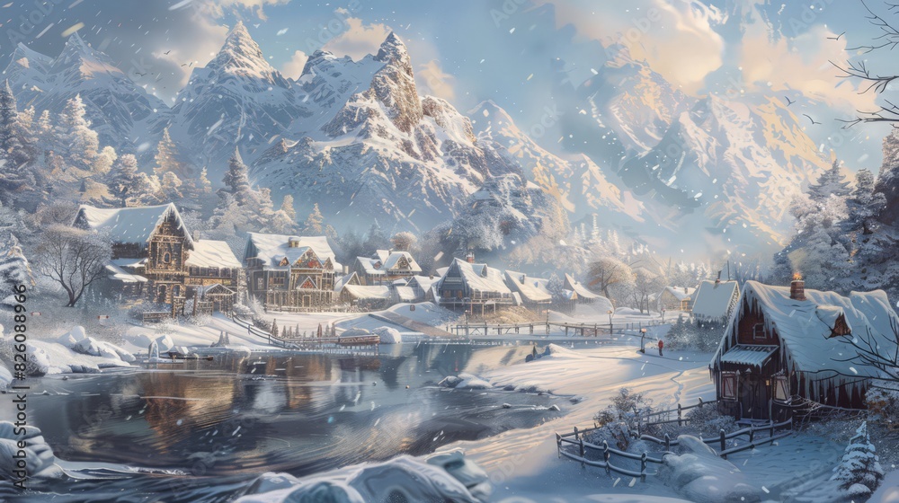 This quaint village, nestled among snowy mountains, offers a serene escape. The towering white peaks frame the village beautifully