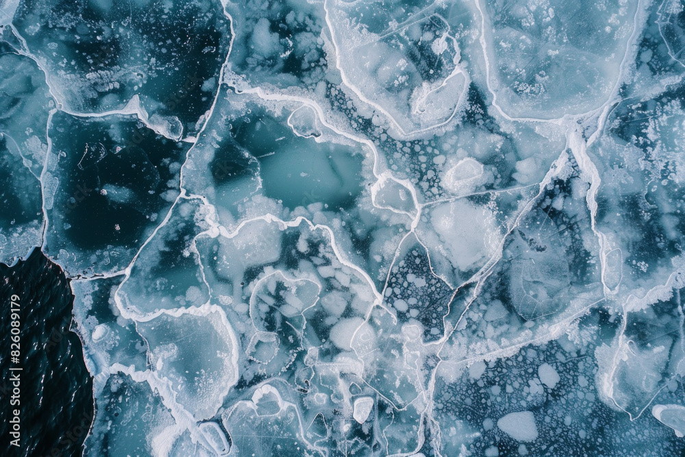 Aerial view of ice floes in a frozen sea, capturing the abstract ...