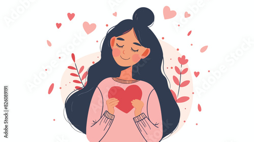 Happy woman holding heart shape valentine card. Loving