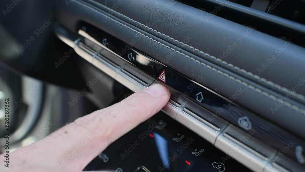 Person turns on a car's hazard warning flasher button, close-up. Person turns on a car's hazard warning flasher button, close-up.