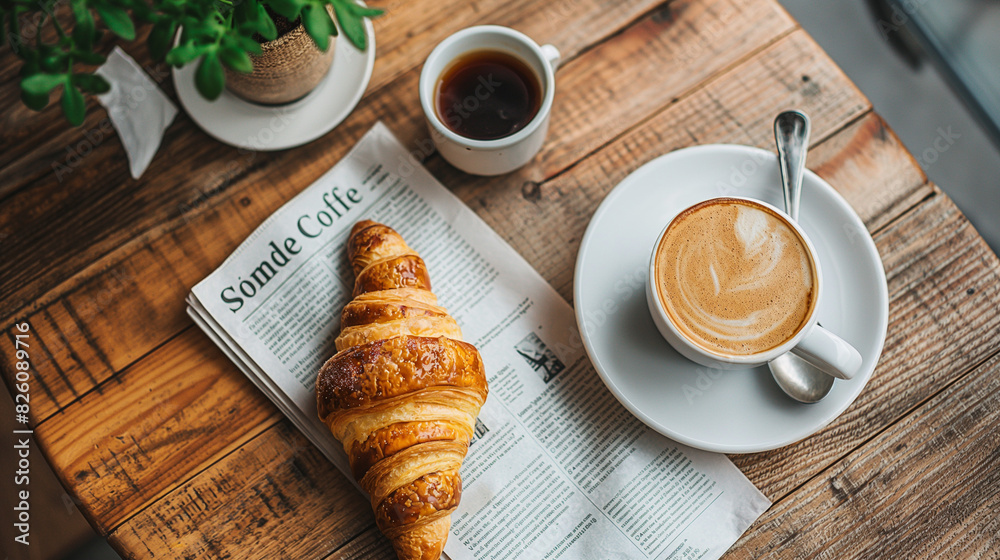 Top-down view of a table with a newspaper, a fresh croissant, and a cup of coffee Top-down view of a table with a newspaper, a fresh croissant, and a cup of coffee