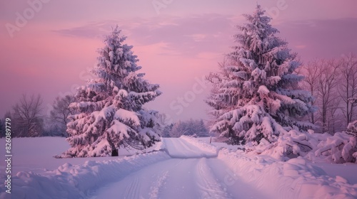 This serene winter landscape showcases two snow-covered trees under a pink sky, with a path winding through the untouched snow © Thirawat