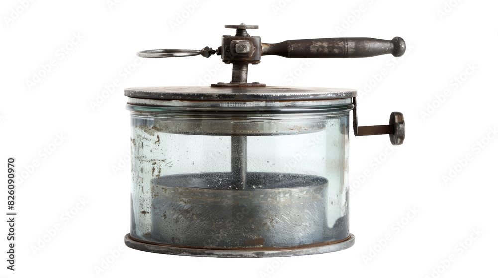 An old-fashioned grinder with a metal handle, used for grinding various materials manually An old-fashioned grinder with a metal handle, used for grinding various materials manually