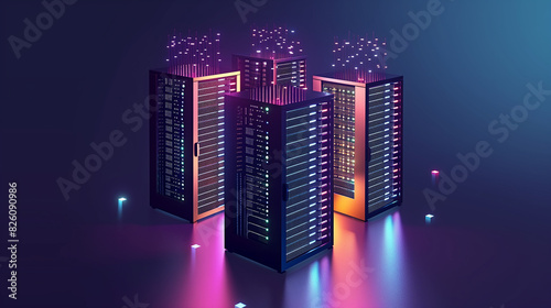 server room 3d illustration with node base programming data design element.