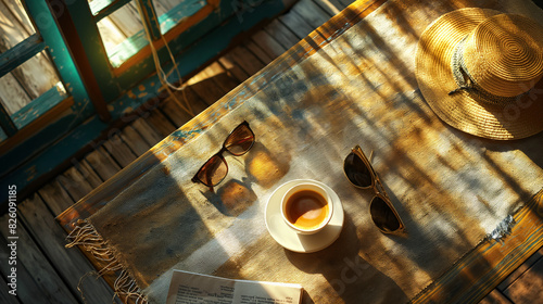 Top-down view of a sunlit table with a cup of coffee, sunglasses, and a hat