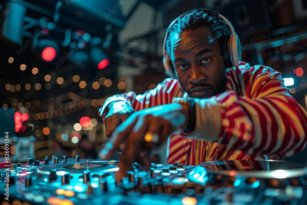 A man with tattoos on his arm is playing a DJ set A man with tattoos on his arm is playing a DJ set