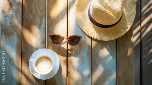 Top-down view of a sunlit table with a cup of coffee, sunglasses, and a hat