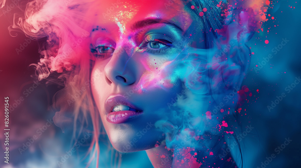 beautiful fantasy abstract portrait of a beautiful woman double exposure with a colorful digital paint splash or space nebula.