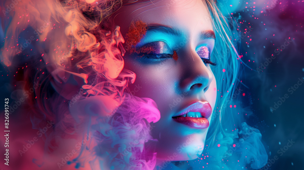 beautiful fantasy abstract portrait of a beautiful woman double exposure with a colorful digital paint splash or space nebula.