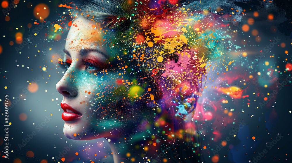 beautiful fantasy abstract portrait of a beautiful woman double exposure with a colorful digital paint splash or space nebula.