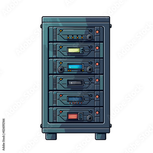 Illustration of a futuristic server rack with colorful lights and modern design, ideal for technology and computing concepts.