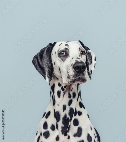 Dalmatian dog on minimalistic colorful background with Copy Space. Perfect for banners, veterinary ads, pet food promotions, and minimalist designs. © Darya