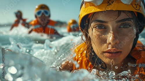 water rescue, intense moment at crowded beach as middle-eastern female lifeguard rescues struggling swimmer in choppy waters, minimalist composition with free space