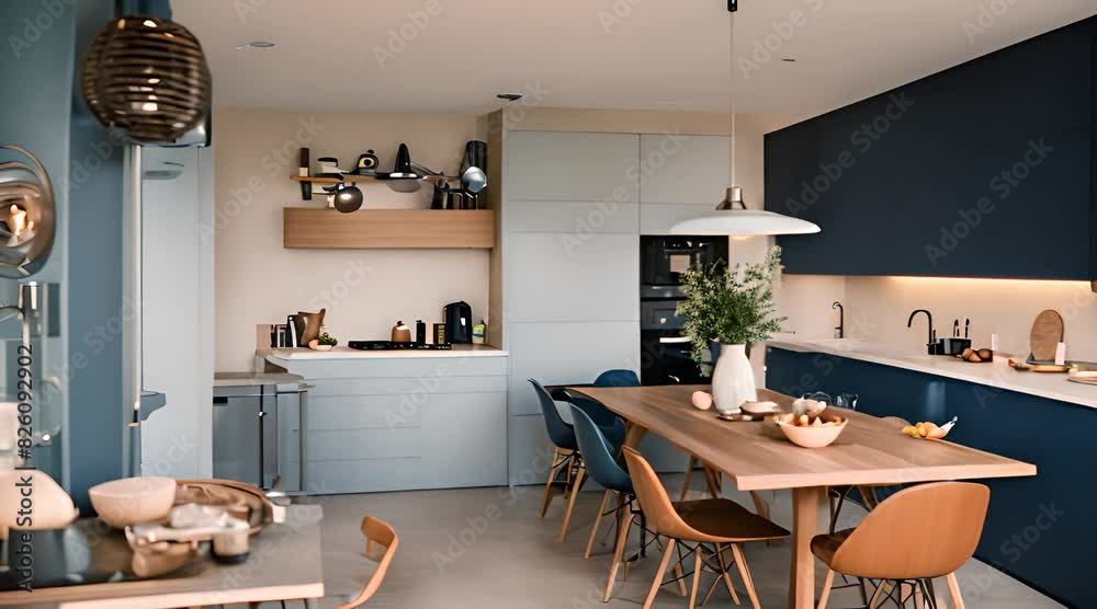 A modern kitchen with a mix of blue and beige cabinets, a wooden dining table, and stylish lighting fixtures, featuring an open-plan design and minimalist decor. A modern kitchen with a mix of blue and beige cabinets, a wooden dining table, and stylish lighting fixtures, featuring an open-plan design and minimalist decor.