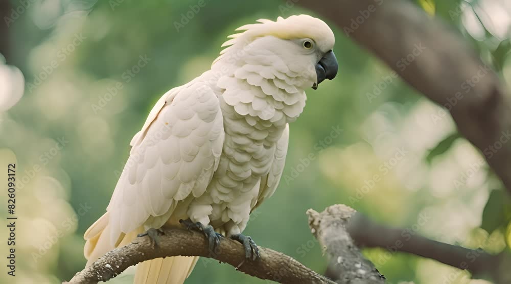 A white cockatoo perched on a tree branch, with a natural green blurred background. A white cockatoo perched on a tree branch, with a natural green blurred background.