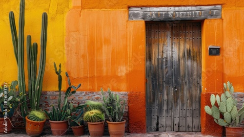 Mexico Traditional Colorful Architecture House with an Old Wooden Door and Cactuses Plants on the Orange Wall  © Didikidiw61447