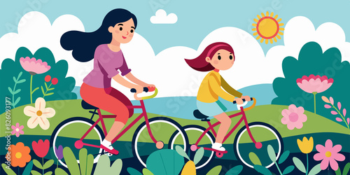 A mother and daughter enjoy a bike ride through a scenic park filled with colorful flowers and greenery. The vibrant illustration captures the joy of outdoor activities and family bonding.