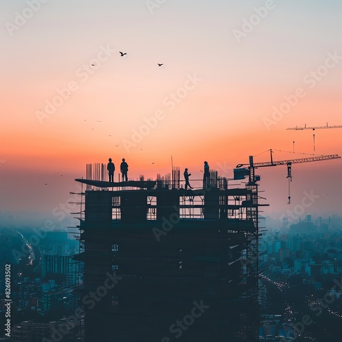 Construction Team at Sunset: Building Foundations photo