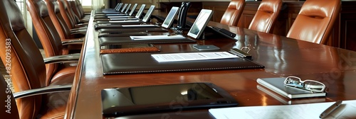 Conference Room Detail, A close-up shot of a conference table with leather chairs, notebooks, pens, and a digital tablet, ready for a meeting