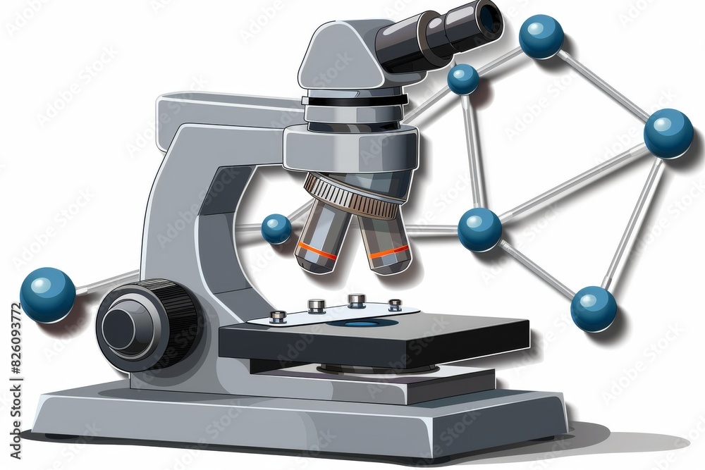 Digital illustration of a microscope and molecular structure, abstract and modern, vibrant scientific concept Digital illustration of a microscope and molecular structure, abstract and modern, vibrant scientific concept