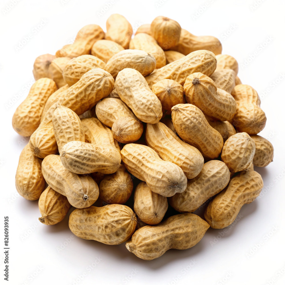 Handful of peanuts in nutshell isolated on white background. Whole peanuts. Ai generated 