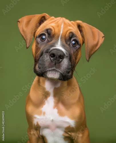 A cute boxer puppy on minimalistic colorful background with Copy Space. Perfect for banners, veterinary ads, pet food promotions, and minimalist designs. © Darya