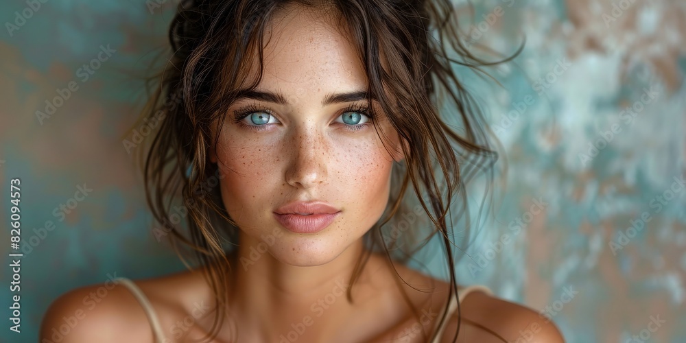 Portrait of a young woman with blue eyes and freckles, showcasing natural beauty and elegant style Portrait of a young woman with blue eyes and freckles, showcasing natural beauty and elegant style