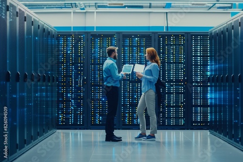 A man and a woman are looking at a laptop in a server room