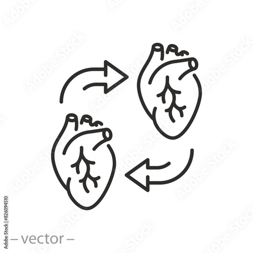 heart transplantation icon, organ donor concept, thin line symbol on white background - editable stroke vector illustration