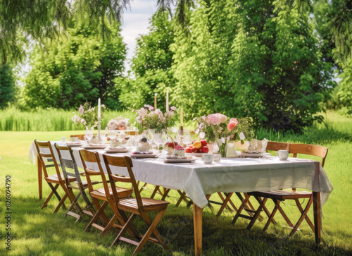 Exquisite table setting with pink floral arrangements  crystal glasses in an outdoor garden with natural light on a summer day. The concept of an outdoor event.