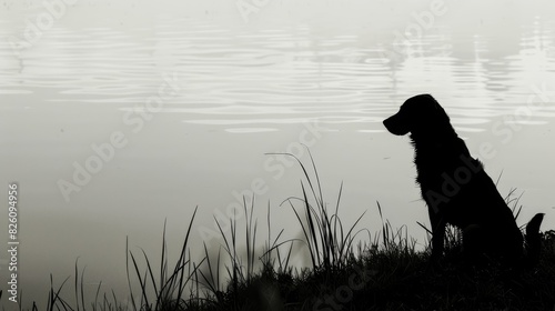 Fastmoving dog silhouette against a serene lake backdrop, emphasizing contrast and movement in a quiet setting