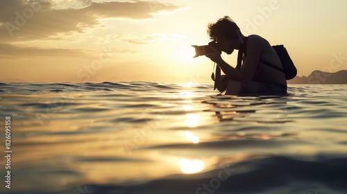 Dynamic silhouette of a photographer crouching to capture a low angle shot, with the calm ocean as a backdrop