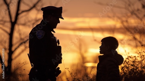 Silhouette of a policeman interacting with a child, depicted in a community park at twilight, promoting trust and safety