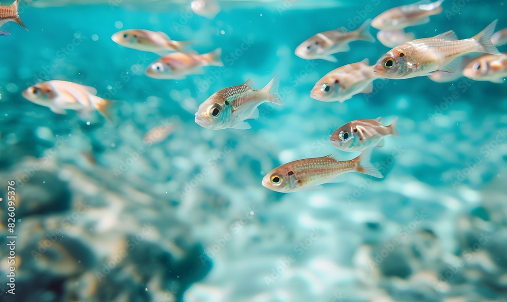 Fototapeta premium flock of young small school fish under water , Generative AI
