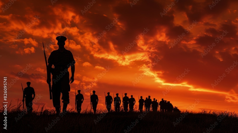 Fototapeta premium Dramatic silhouette of a powerful man leading his army, set against a twilight sky, conveying leadership and strength
