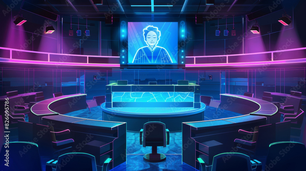 Futuristic courtroom with a holographic judge delivering a verdict