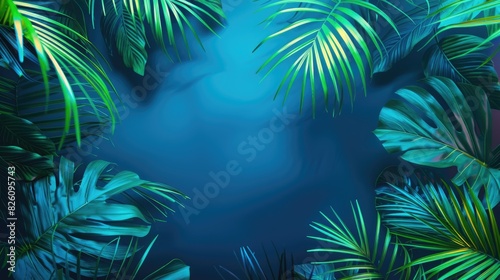 Modern Trendy Neon Glowing Light with Neon Green Palm Tropical Leaves on a Blue Background  Design Template with Copy Space for Text 