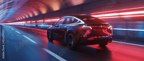 A high-speed electric car blazes through a tunnel  its sleek design illuminated by red streaks of light.