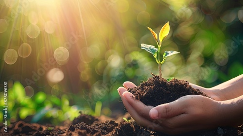 Hands Nurturing Young Tree in Bright Sunlight