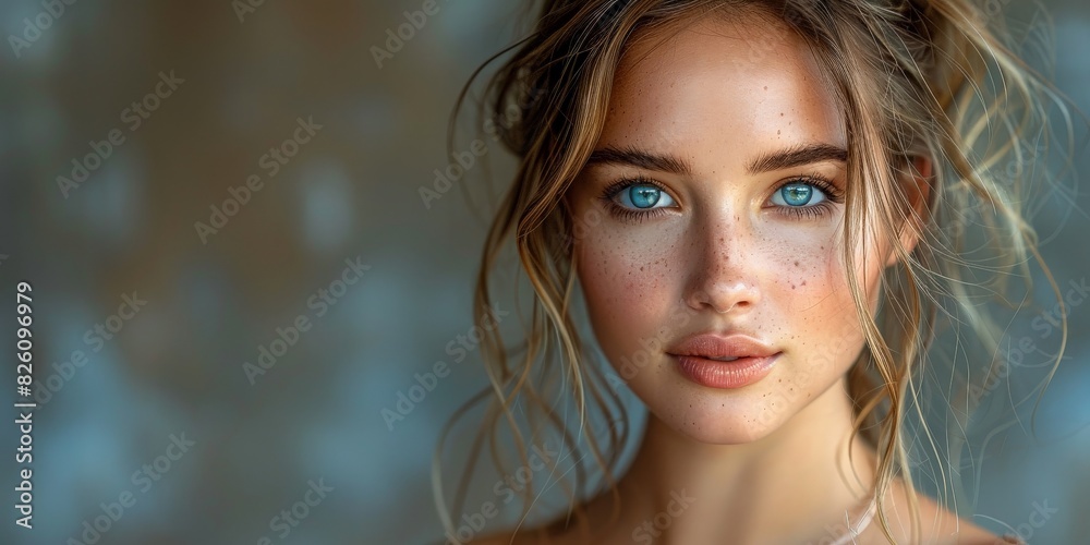 Portrait of a woman with blue eyes and freckles, showcasing beauty and elegance in a fashion shoot Portrait of a woman with blue eyes and freckles, showcasing beauty and elegance in a fashion shoot
